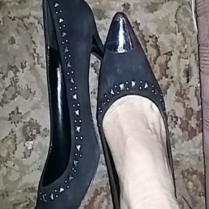 Black leather silver toad studded heels